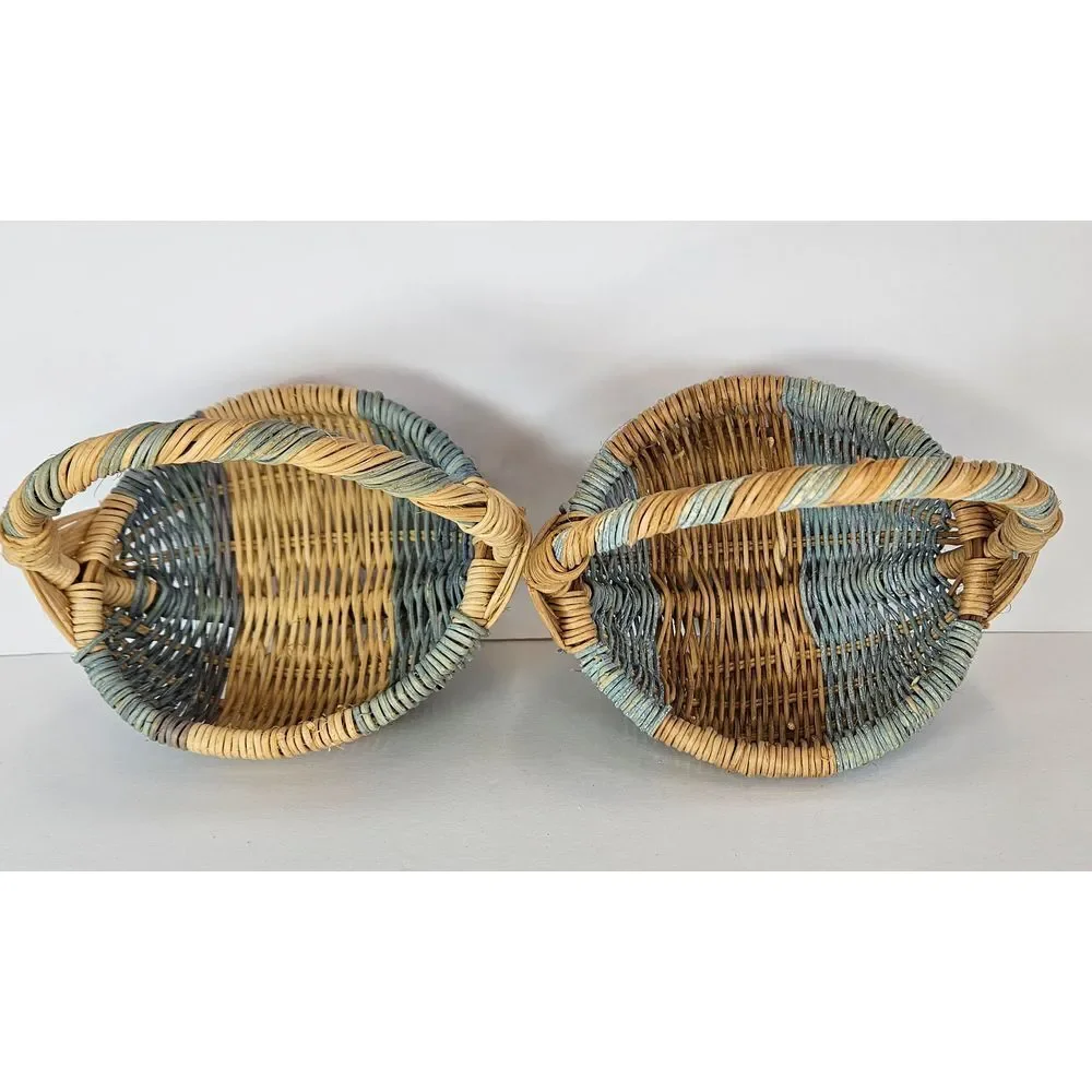 Vintage‎ Small Mini Wicker Baskets Blue Natural Gods Eye Decorative Set of 2